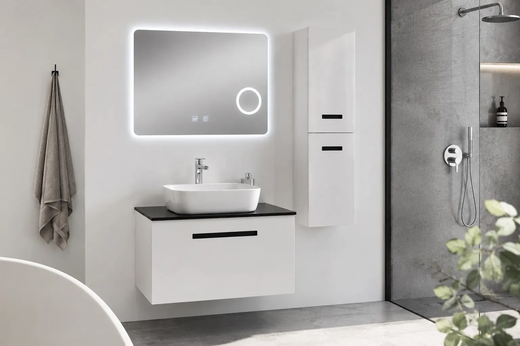 Set Mobilier Baie Troia 80 cm oglinda cu LED, dezaburire si lupa, lavoar ceramic, blat compozit, soldat inclus, MDF total (WB-BC202)