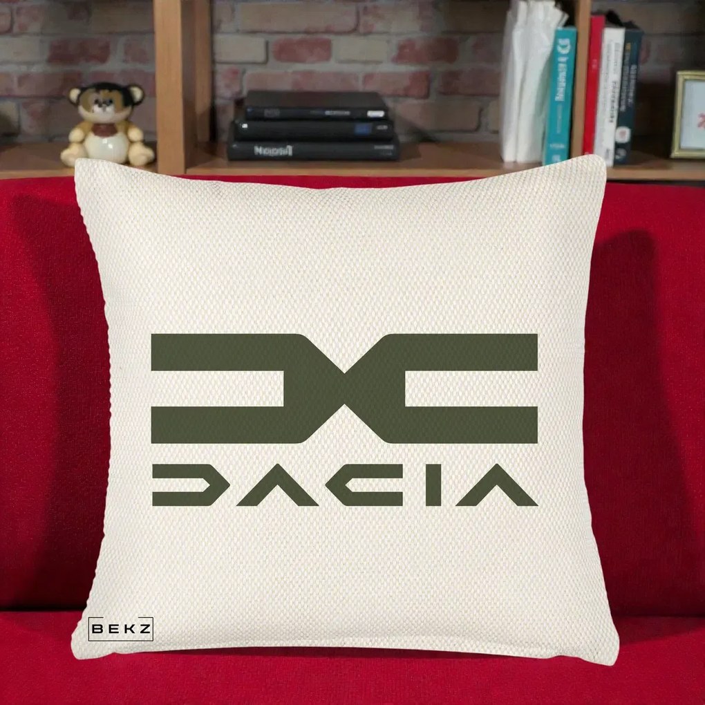 Perna Personalizata cu emblema Dacia, 40x40 cm, Crem Reliefat, Husa Detasabila, Perna Inclusa, BEKZ®