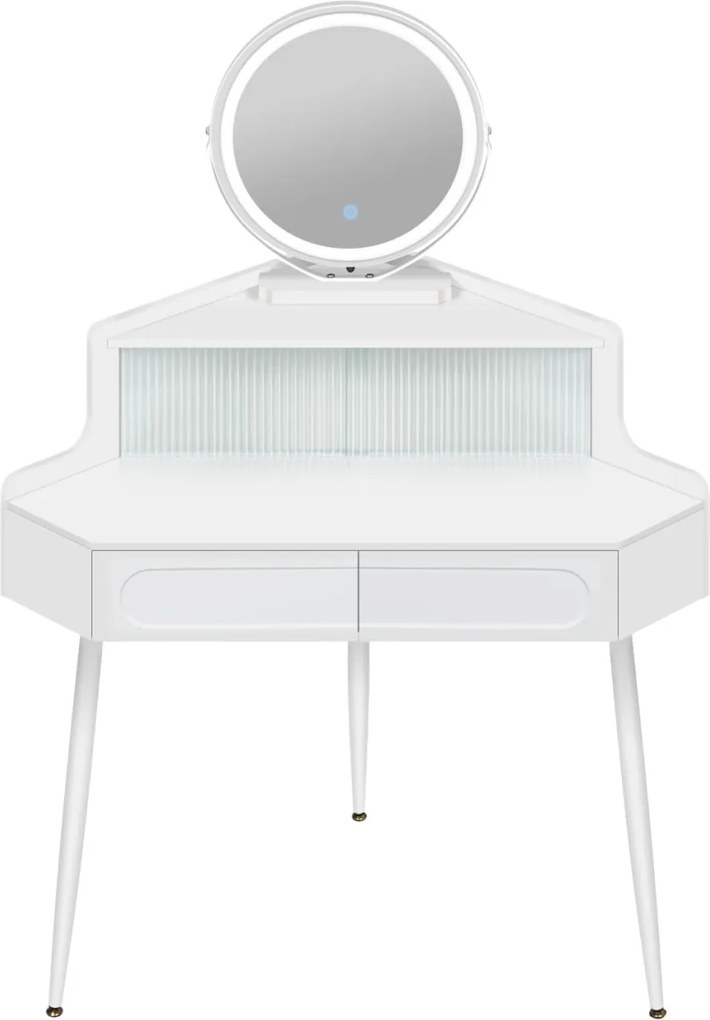 Masuta machiaj cu Oglinda LED si 2 Sertare pentru Cosmetice, Set Masa toaleta 90 cm, Alb, masuta cosmetica, vanity - SEA493