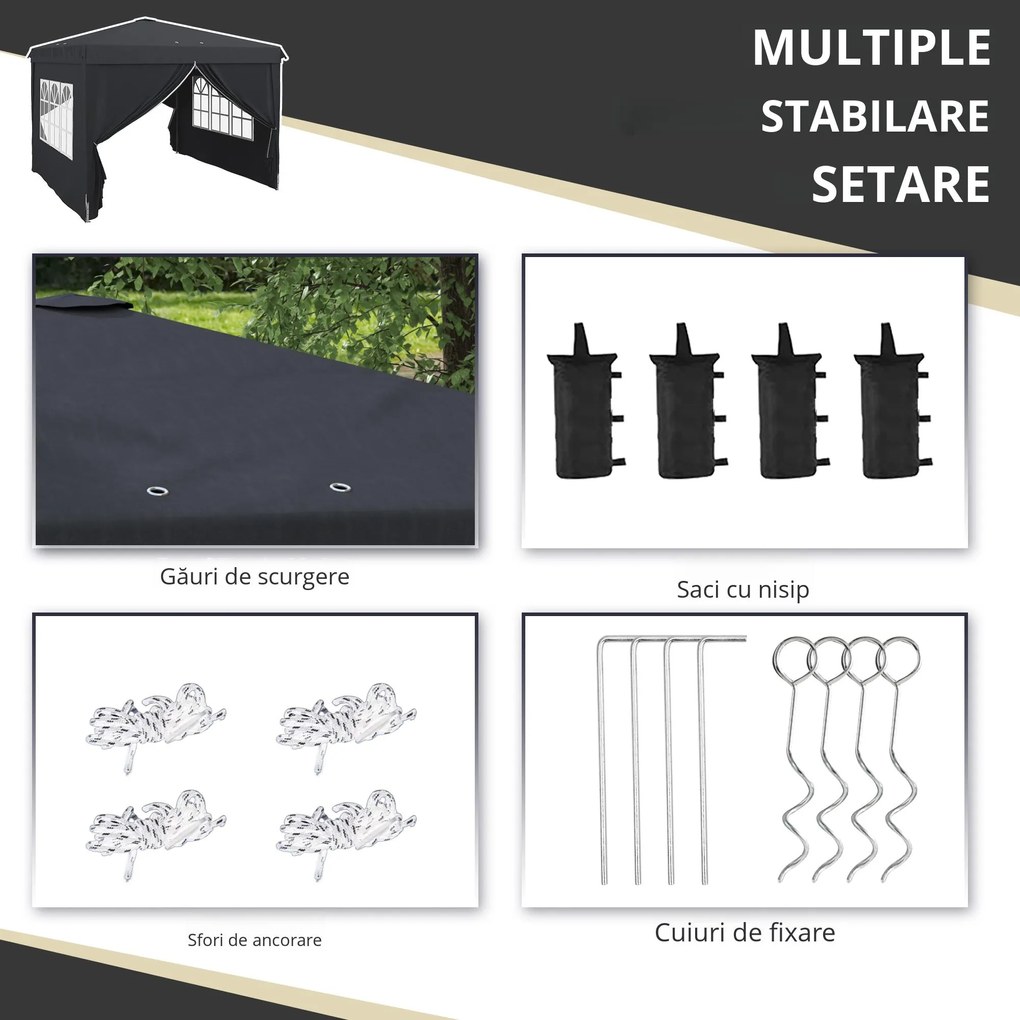 Outsunny Cort cu Copertina Pliabila de 3x3m, Adapost pentru Soare, Reglabil in Inaltime, Geanta de Transport si Saci de Nisip pentru Exterior, Gri