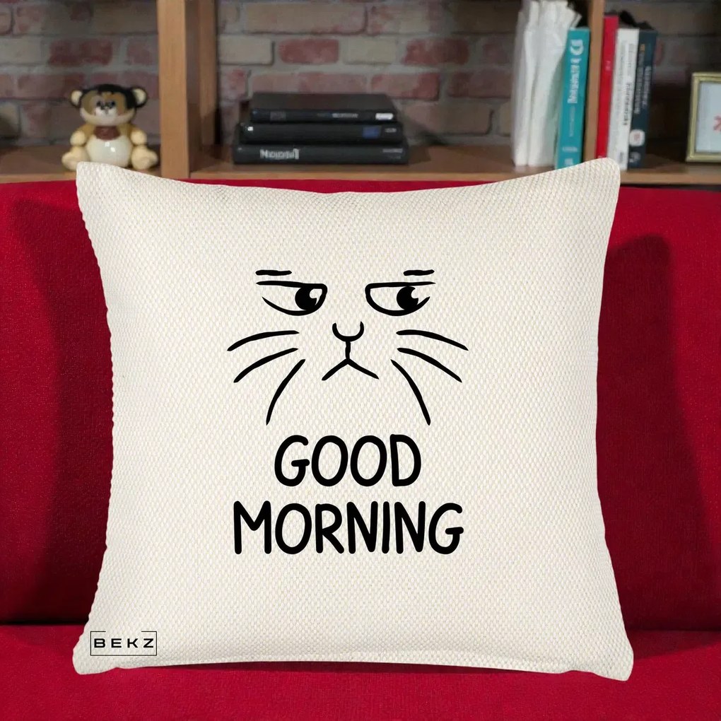 Perna Decorativa Pisica Morocanoasa Good Morning, 40x40 cm, Crem Reliefat, Husa Detasabila, Perna Inclusa, BEKZ®