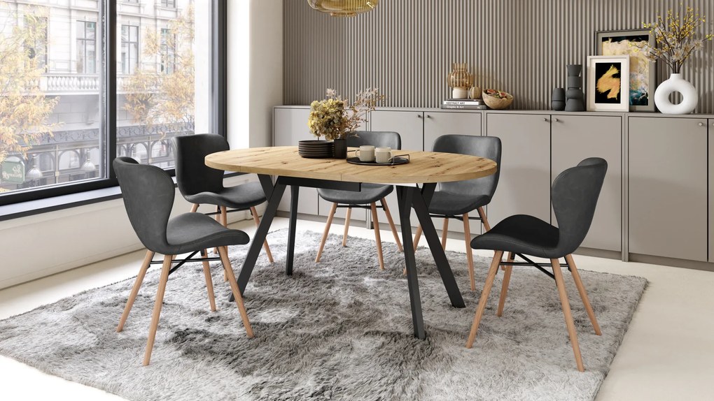 Mazzoni ALDO Stejar Artisan/picioare negre - MASĂ ROTUNDĂ EXTENSIBILĂ CU PICIOARE ÎN FORMĂ DE "Y" STIL LOFT PENTRU SALON/SUFRAGERIE