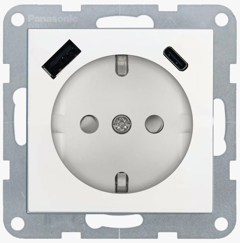 Priza simpla cu impamantare, protectie copii, USB A+C, 16A, IP20, Alb, Panasonic Karre Plus 55