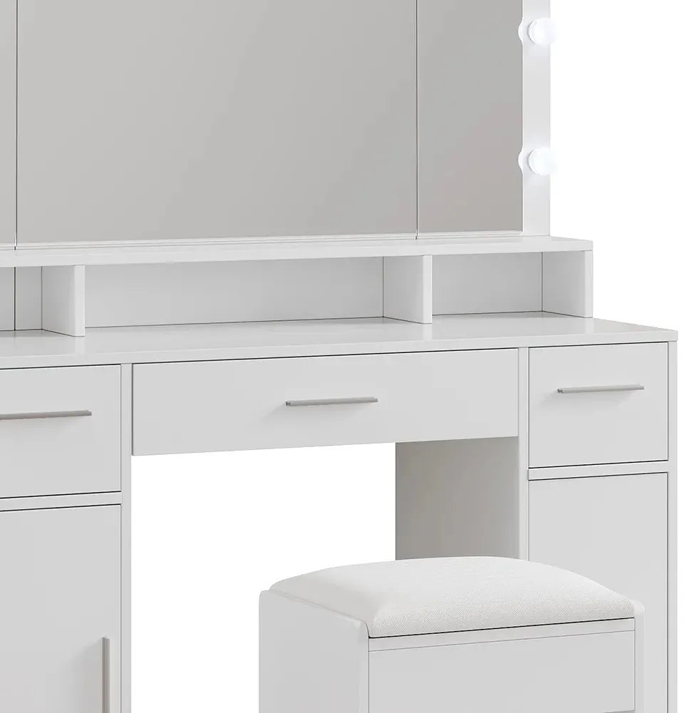SEA809 - Set Masa toaleta 110 cm, cosmetica, machiaj, oglinda cu LED, masuta vanity cu scaun tapitat - Alb