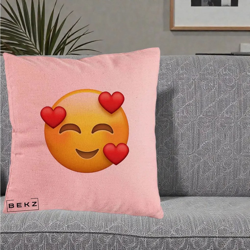 Perna Decorativa Emoji cu 3 Inimi, 40x40 cm, Roz, Husa Detasabila, Perna Inclusa, BEKZ®