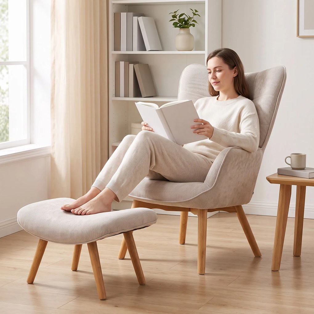 HOMCOM Fotoliu cu Taburet pentru Cameră sau Living din Catifea cu Model Crestat , Spătar Înalt și Brațe, 72x80x101 cm, Bej | Aosom Romania