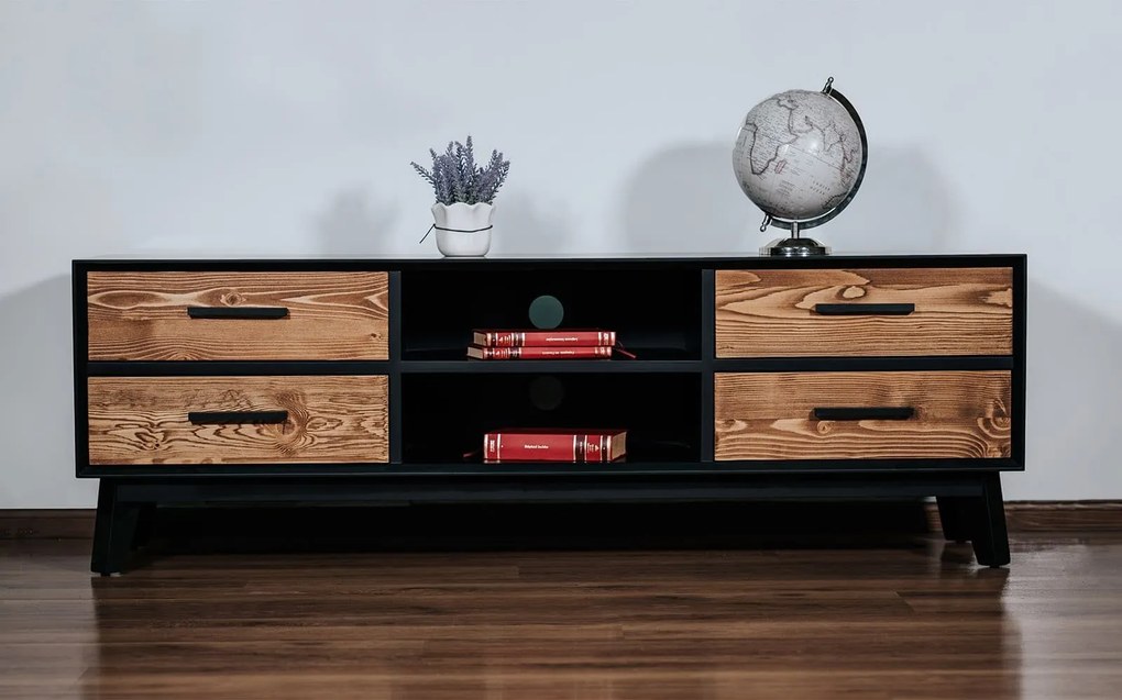Comodă TV lemn masiv Timeless 4 Sertare 2 Nișe Negru, 146 × 40 × 48 cm