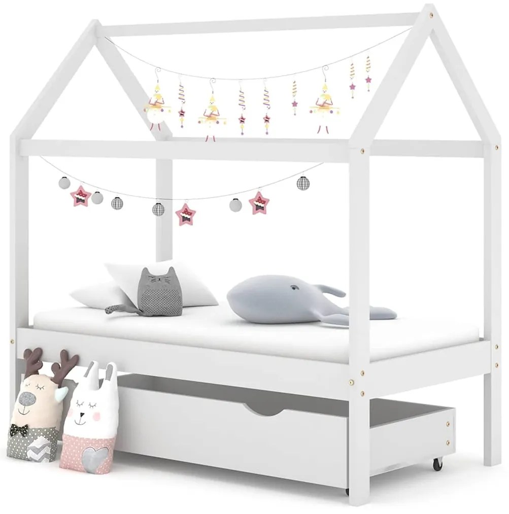 vidaXL Cadru pat copii cu un sertar, alb, 70x140 cm, lemn masiv de pin