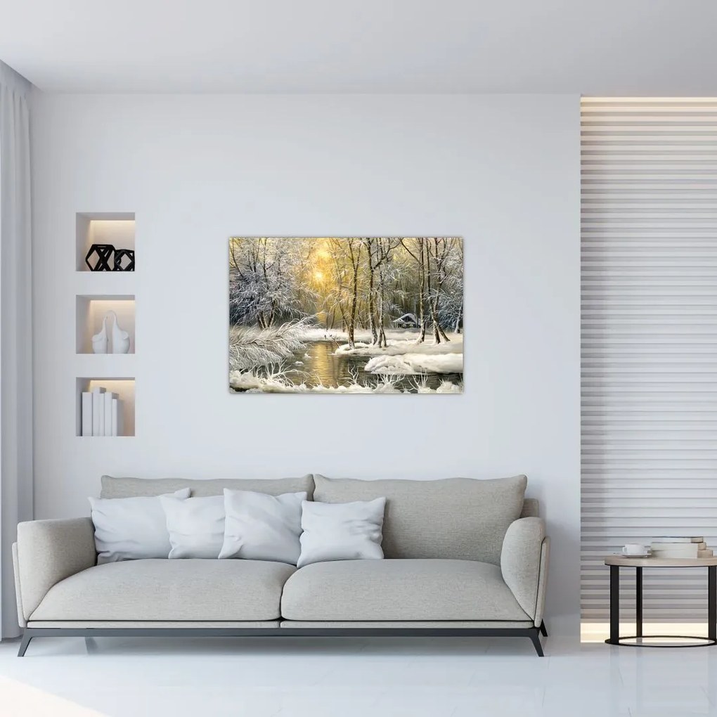 Tablou - Cabană în pădure, pictură în uei (90x60 cm)