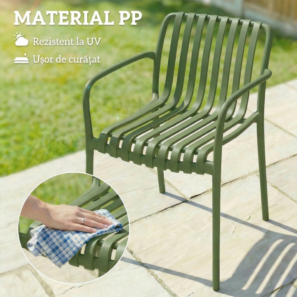 Outsunny Set 4 Scaune de Grădină Stivuibile din Plastic Anti-UV, Scaune pentru Prânz în Exterior cu Spătar Ergonomic cu Lamele și Mânere, pentru Terasă Balcon Grădină Exterior Interior, 55x58,5x81,5 cm, Verde | Aosom Romania
