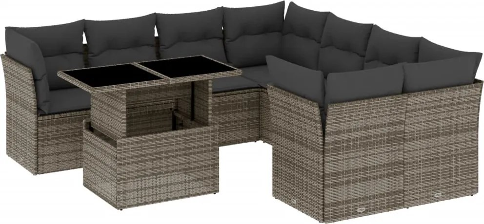 vidaXL Set canapele de grădină, 9 piese, cu perne, gri, poliratan