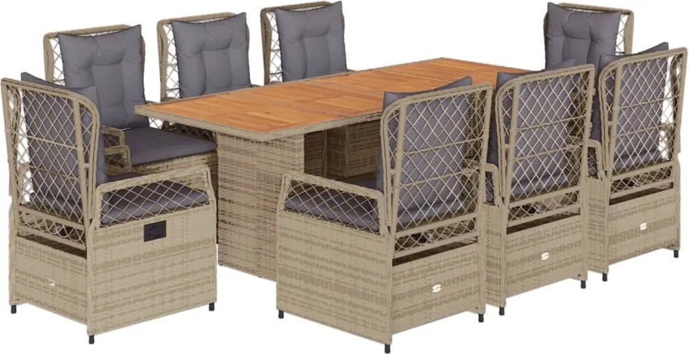 vidaXL Set de masă pentru grădină, 9 piese, cu perne, bej, poliratan