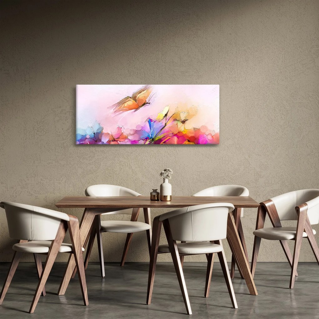 Tablou - Fluture asupra florilor, abstracție (120x50 cm)
