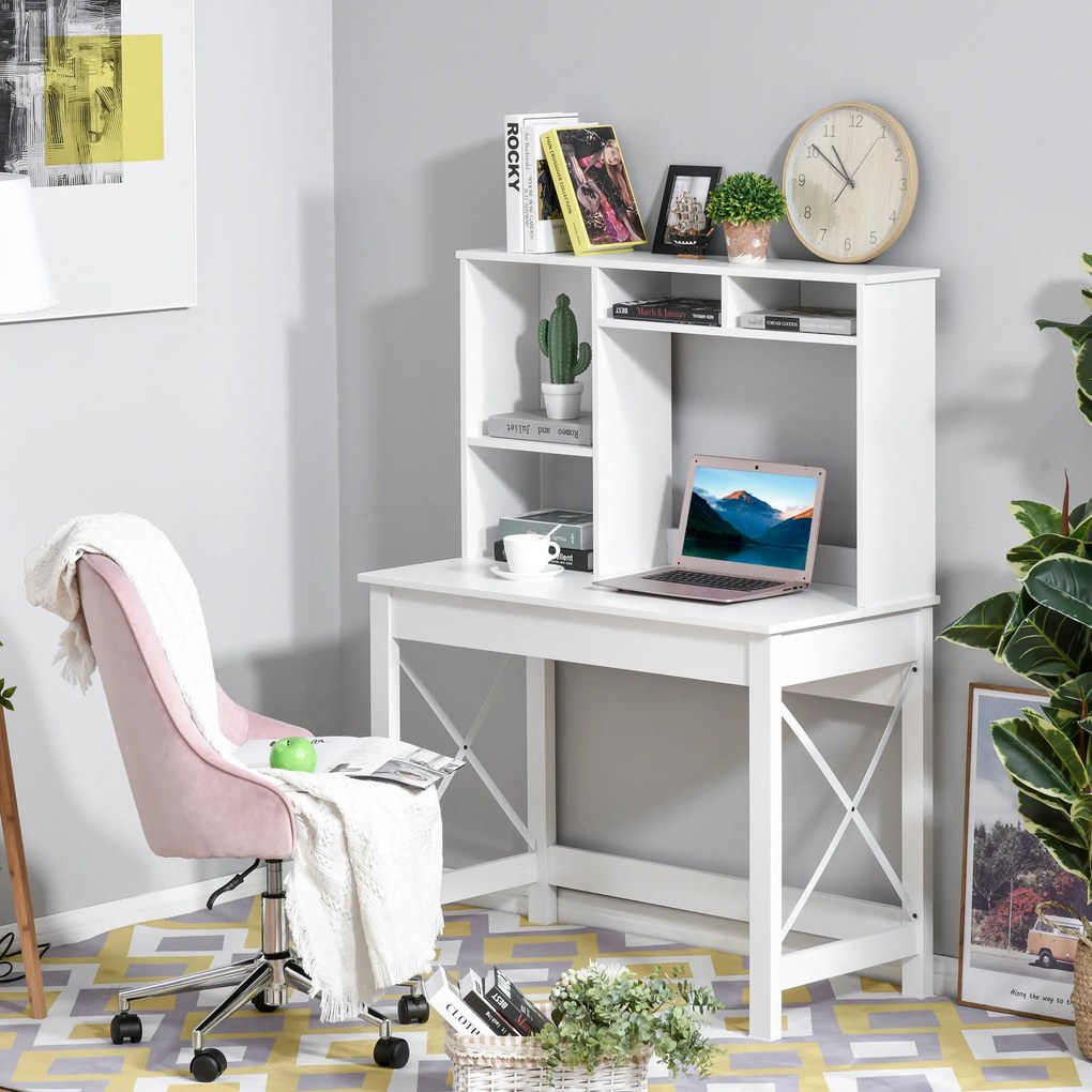 HOMCOM Birou cu depozitare birou bibliotecă birou din lemn modern cu rafturi și blat mare pentru spații mici birou acasă dormitor, 105 x 50 x 137,5 cm, alb | Aosom Romania