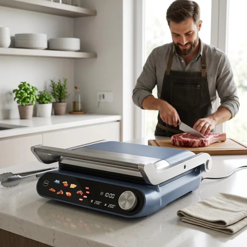 Gratar electric Nostro Lux NL51442P, 2200 W, Ecran tactil, Placi mobile antiaderente, Deschidere la 180°, Albastru/Gri