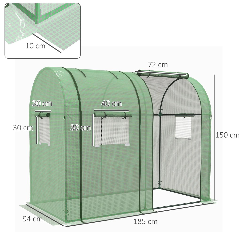 Outsunny Sera de grădină 1,8 m² dim. 1,85L x 0,9l x 1,5H m 2 Uși cu fermoar rulante 4 Ferestre rulante Oțel PE Verde | Aosom Romania