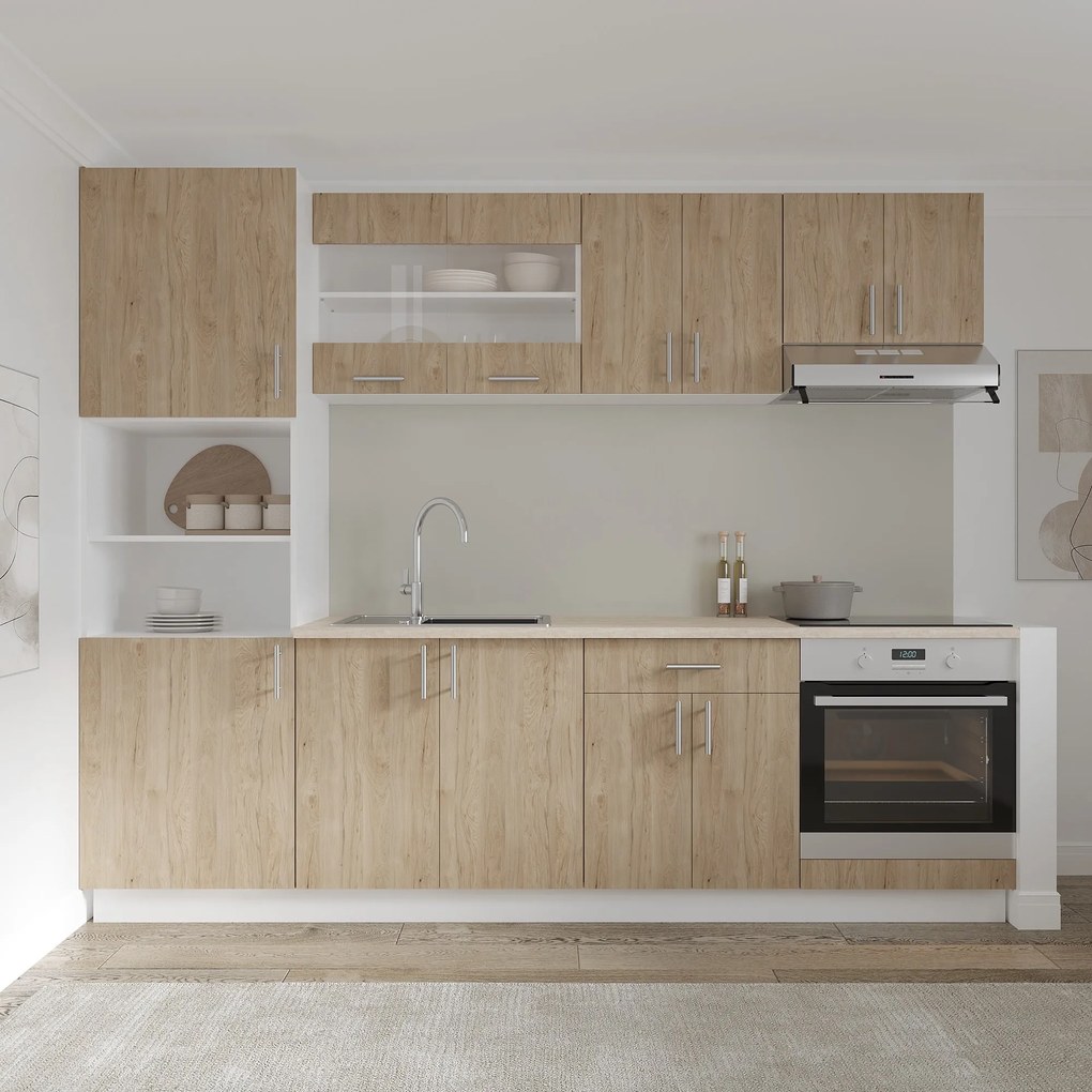 Corp haaus Karo, 2 Usi, cu spatiu cuptor, Lemn Natural/Alb, 60 x 57 x 210 cm