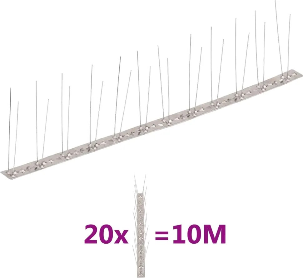 vidaXL Set bandă cu țepi antipăsări cu 2 rânduri, 20 buc., oțel, 10 m