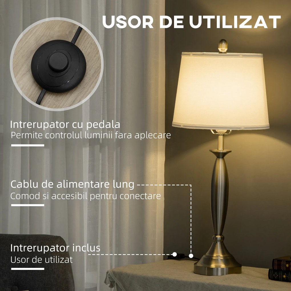 HOMCOM Set Iluminat Rezidențial cu Lampă de Podea și Veioză, Design Metalic și Textil, Alb și Argintiu, pentru Casă și Birou | Aosom Romania