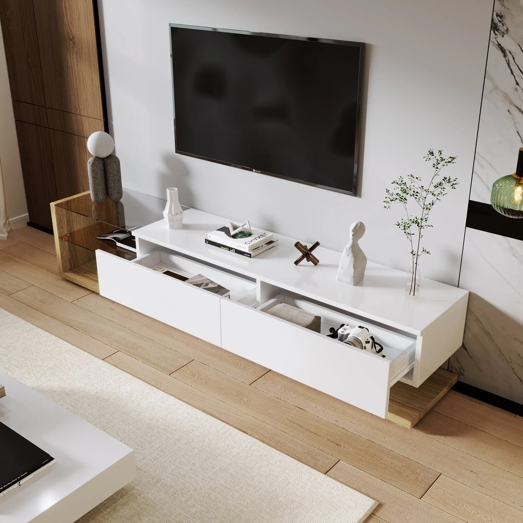 Mobilier TV modern stil rustic cu finisaj alb lucios și lemn, Alb | Aosom Romania