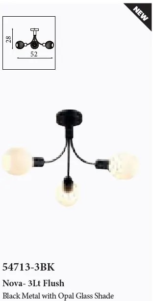 Lustra aplicata metal negru, sticla opal Nova 3L