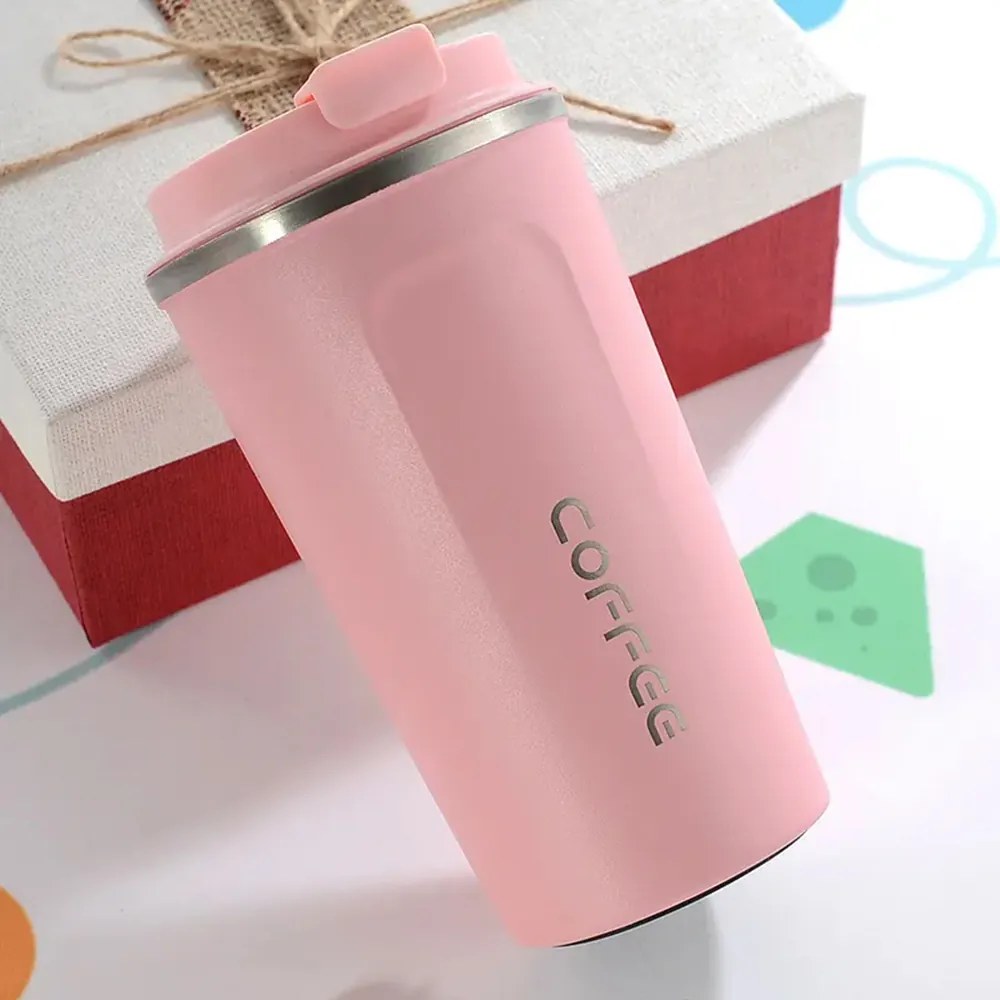 Cana termos cu capac pentru cafea, portabila, otel inoxidabil, 380 ml, Roz