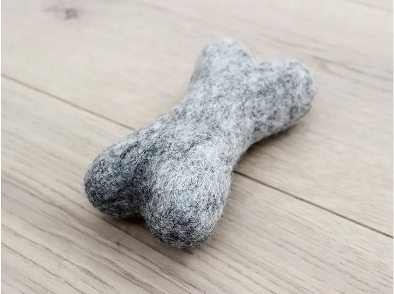 Jucărie în formă de os pentru animale, din lână Wooldot Pet Bones, lungime 14 cm, gri oțel