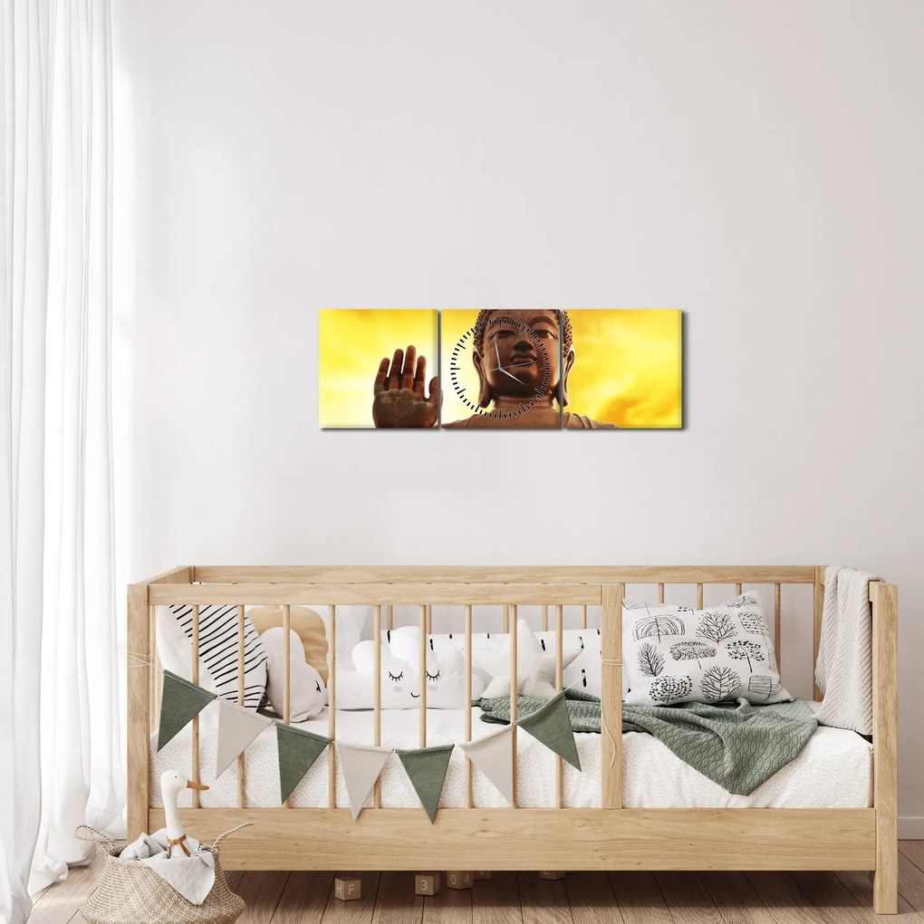 Tablou - Buddha cu fundal roșu și galben (cu ceas) (90x30 cm)