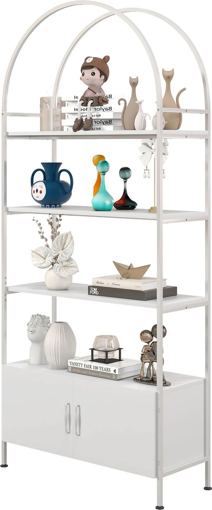 HOMCOM Etajeră de depozitare, bibliotecă arcuită cu 4 niveluri și dulap cu uși duble, 80 x 30 x 187 cm, alb | Aosom Romania