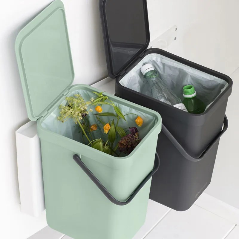 Cos de gunoi colectare selectiva Brabantia Sort&Go 1005518, 2x16 L, Montare pe usa dulapului, Gri/Verde