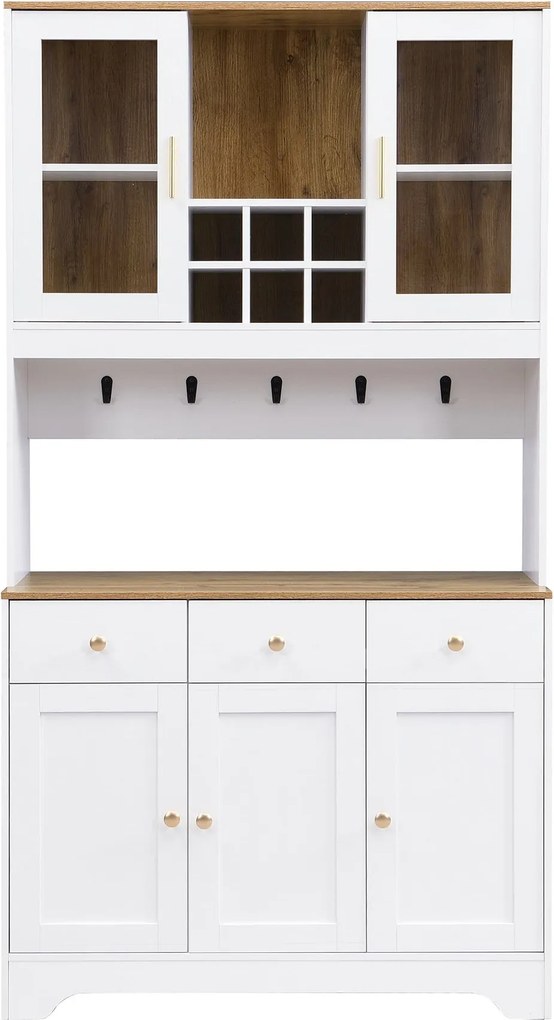 Bufet dulap înalt, Spațiu generos de depozitare cu 5 uși și 3 sertare, 94,5x30x175,5 cm, Alb