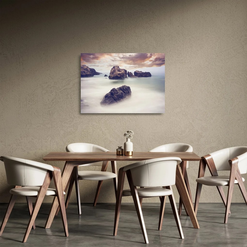 Tablou pe sticlă cu stânci în ceață (70x50 cm)