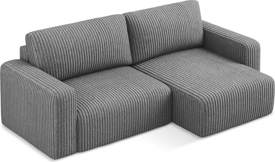 Colțar gri extensibil/cu spațiu de depozitare cu tapițerie din catifea reiată (cu colț pe partea dreaptă/cu șezlong) Kona – Makamii