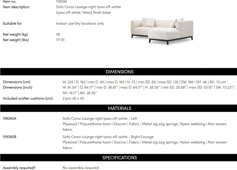 Coltar LUX design LUX cu sezlong dreapta Corso Lounge, Lyssa off-white