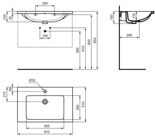 Lavoar suspendat Ideal Standard i.life B gri lucios 81 cm cu orificiu baterie si preaplin