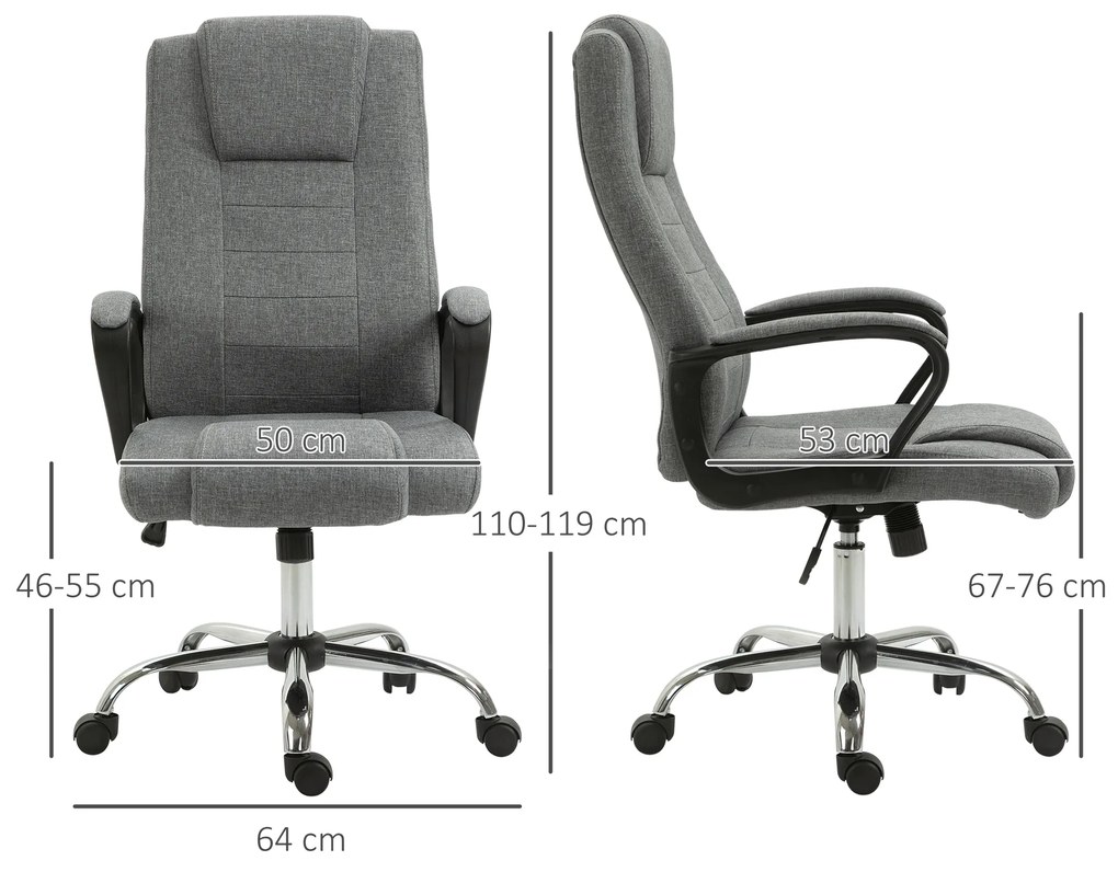 Vinsetto Scaun Birou Ergonomic cu Basculare, Înălțime și Înclinare Reglabilă, Capacitate 120 kg, 62x76x110-119 cm, Gri | Aosom Romania