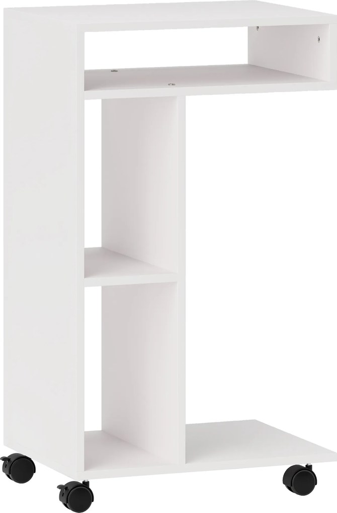 HOMCOM Măsuță laterală în formă de C cu roți, cu 3 compartimente și 1 raft deschis, 40 x 30 x 69 cm, alb | Aosom Romania