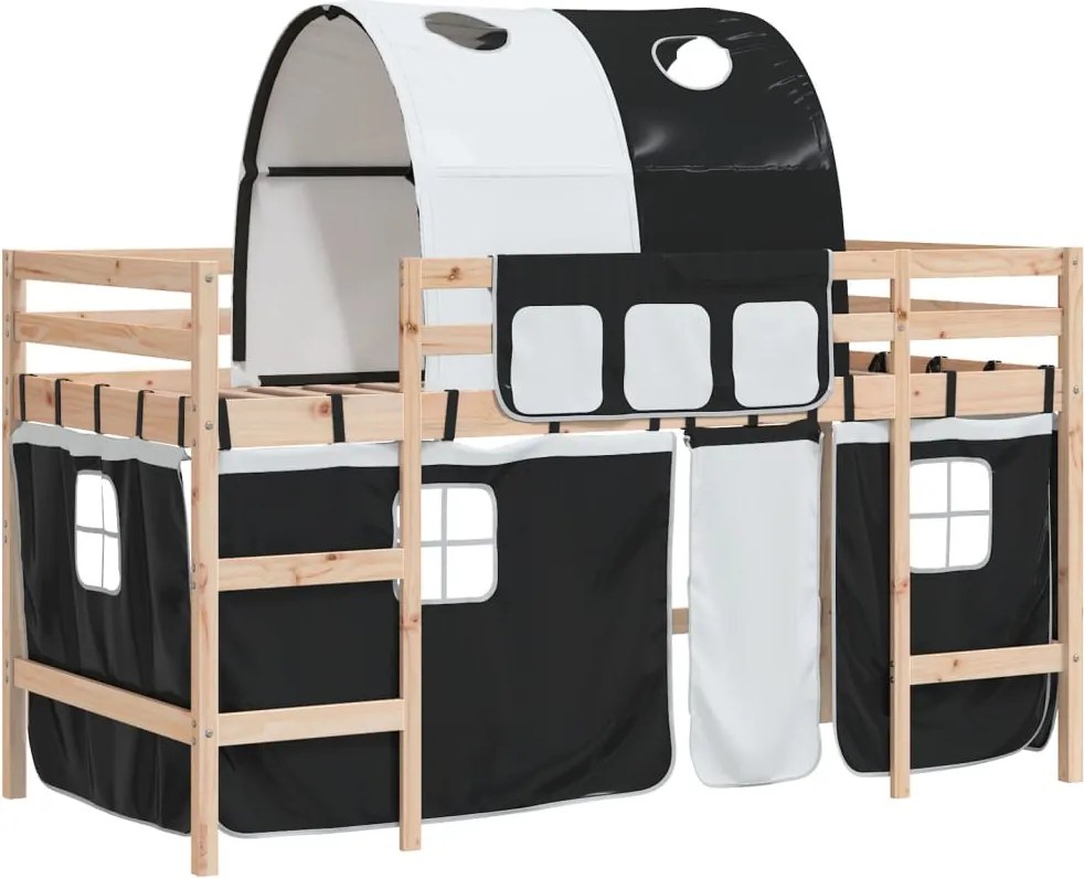 vidaXL Pat etajat de copii cu tunel alb/negru 80x200 cm lemn masiv pin