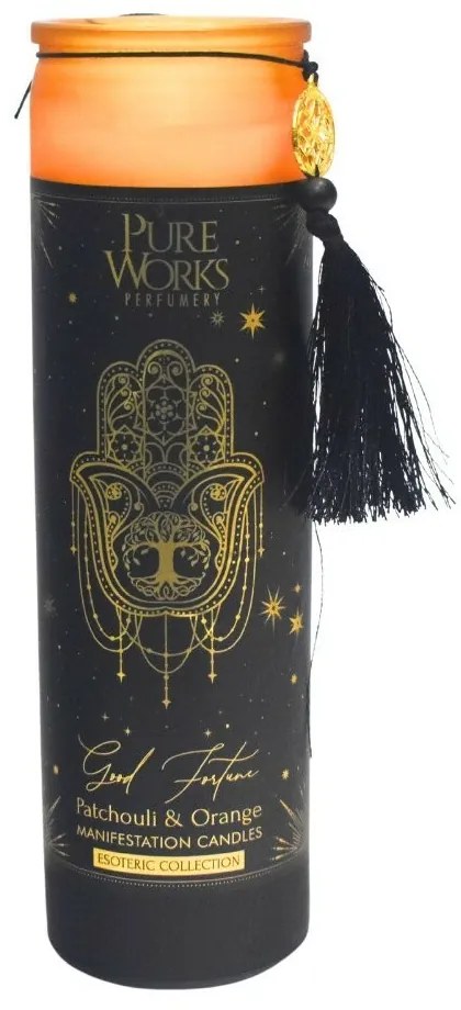 Arome Lumânare organică Patchouli&Orange 300 gîntr-un pahar înalt colorat cu panglică