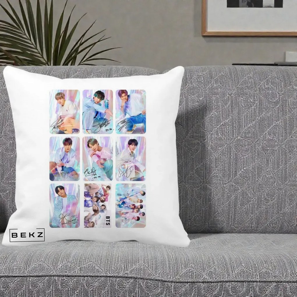 Perna Personalizata K-pop BTS Colaj 9 Fotografii Autografe Individual, 40x40 cm, Alba Mata, Husa Detasabila, Perna Inclusa, BEKZ®