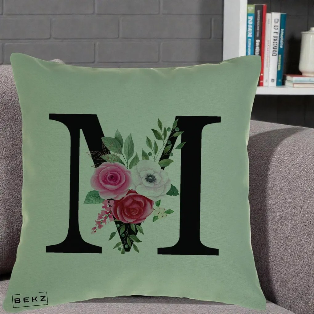 Cadou Personalizat - Perna Personalizata Monograma Florala Litera M cu Trandafiri si Anemona, 40x40 cm, Verde, Husa Detasabila, Perna Inclusa, BEKZ®