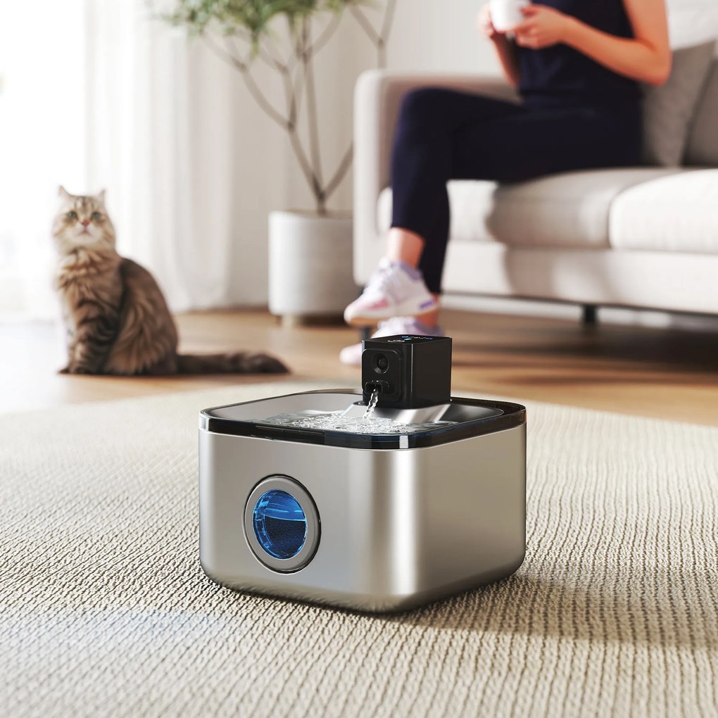PawHut Fântână Automată pentru Pisici 4,2L din Oțel Inoxidabil, Silențioasă, Filtru 3 Etape, Încărcător USB, Argintiu | Aosom Romania