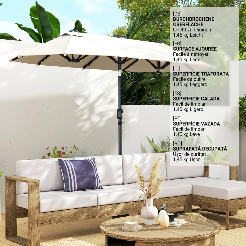Outsunny Umbrelă dublă, umbrelă terasă, înclinabilă, cu panou solar, 35 LED-uri, cadru din oțel, bej, 2,92 x 1,50 x 2,18 m | Aosom Romania