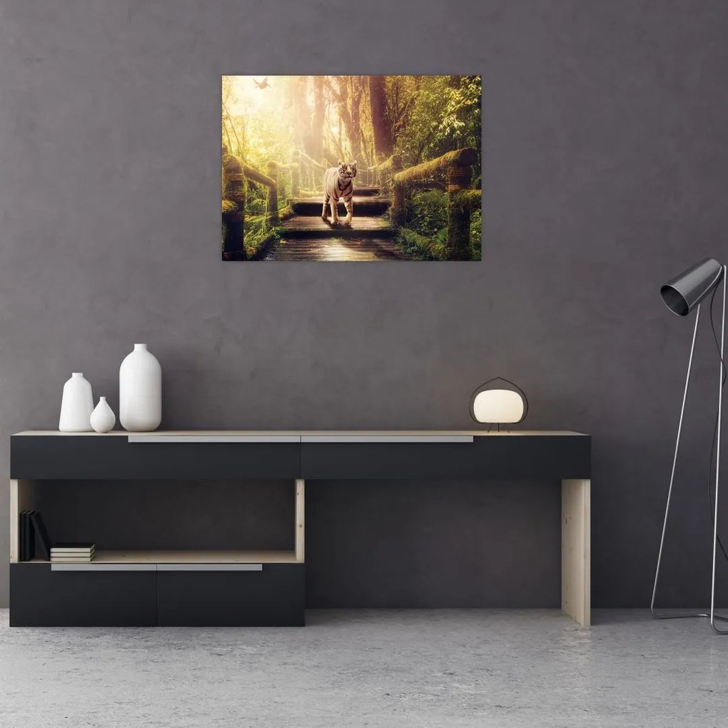 Tablou pe sticlă cu tigrul în djunglă (70x50 cm)