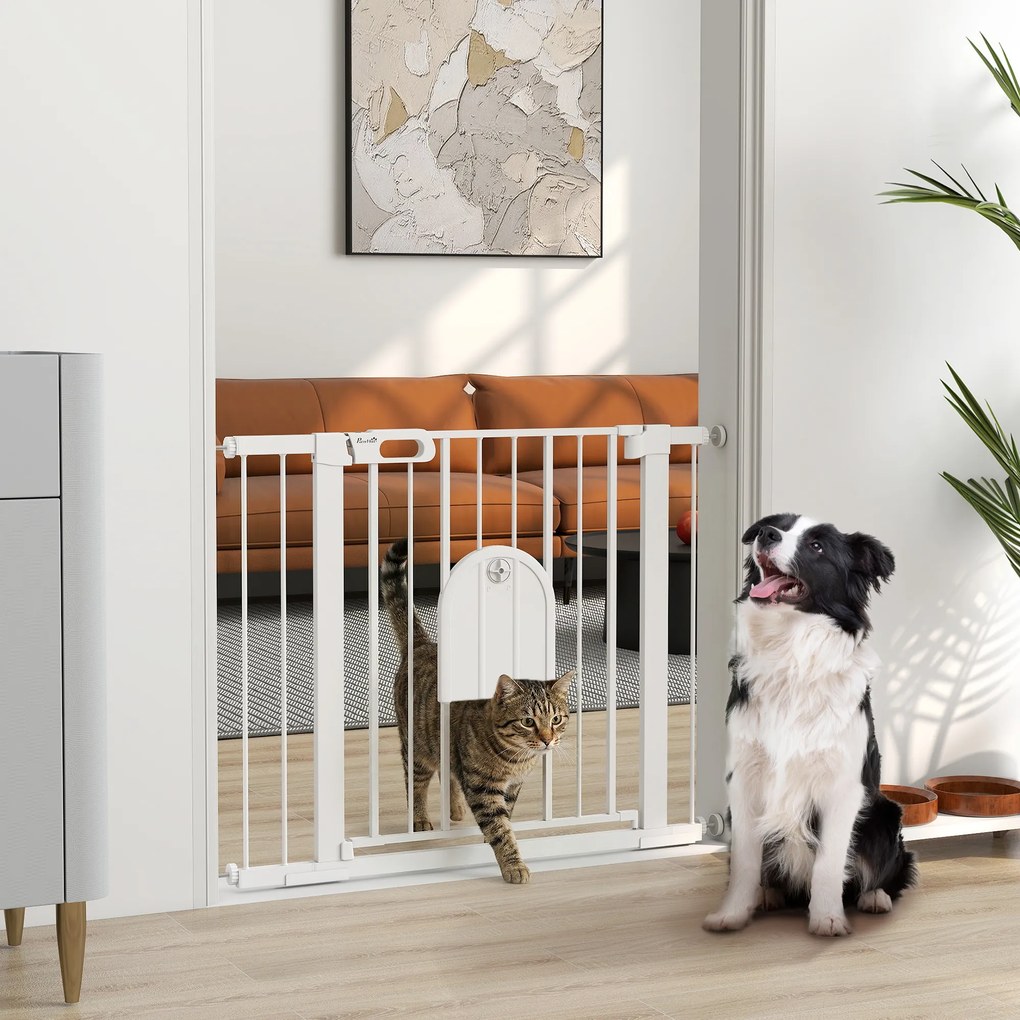 PawHut Barieră Reglabilă pentru Câini cu Ușă Mică, Montare prin Presiune și Închidere Automată, Dimensiune 75-103x76 cm, Alb | Aosom România