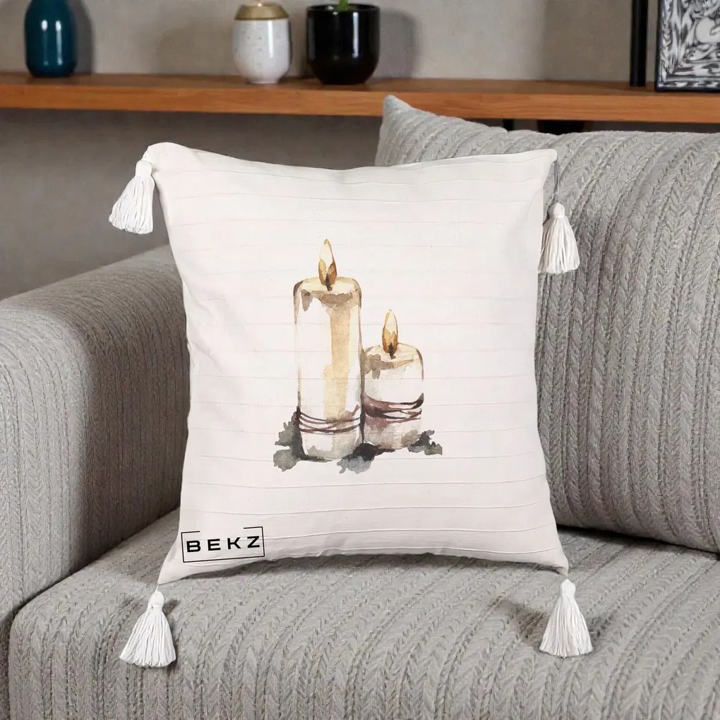 Perna Decorativa Lumanari Acuarela Iarna, 40x40 cm, Bej cu Franjuri, Husa Detasabila, Perna Inclusa, BEKZ®