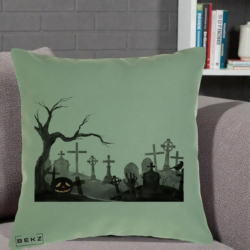 Perna Decorativa Halloween Cimitir Acuarela cu Dovleac, 40x40 cm, Verde, Husa Detasabila, Perna Inclusa, BEKZ®