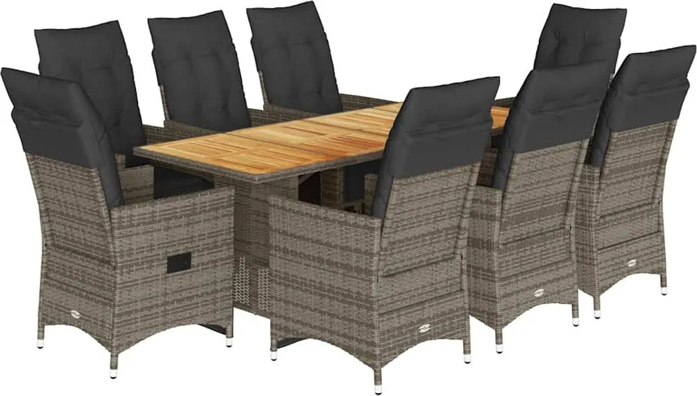 vidaXL Set bistro de grădină cu perne, 9 piese, gri, poliratan