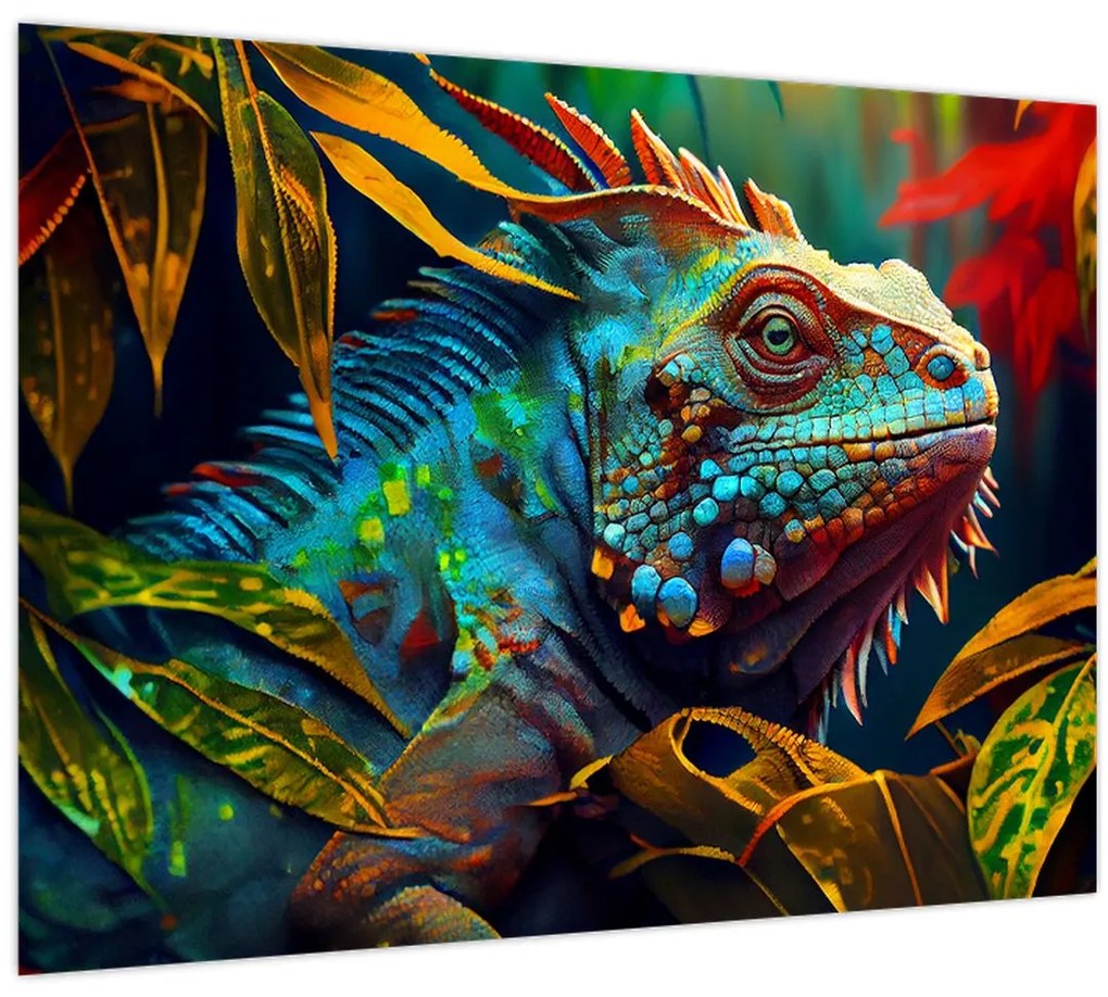 Tablou pe sticlă - Iguana colorată (70x50 cm)
