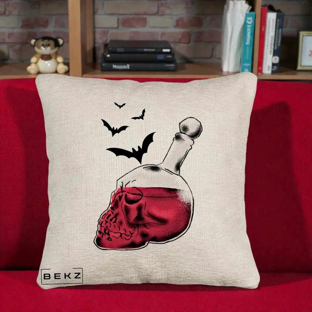 Perna Decorativa Halloween Craniu-Sticla cu Lilieci, 40x40 cm, Bej Canapea, Husa Detasabila, Perna Inclusa, BEKZ®